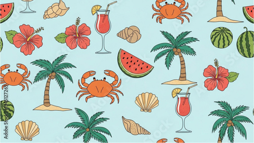 A colorful tropical pattern featuring crabs, palm trees, and summer fruits.