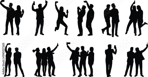 Silhouettes Of People Taking Selfies And Group Photos With Smartphones vector illustration