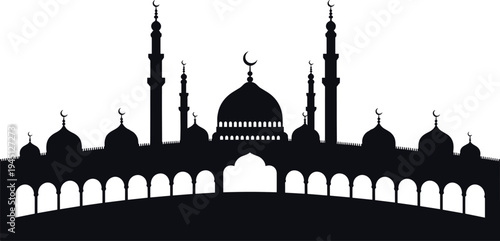 Islamic mosque silhouette with domes, minarets and arches, Arabic architecture skyline for Ramadan Kareem and Eid Mubarak celebration, elegant Islamic vector illustration