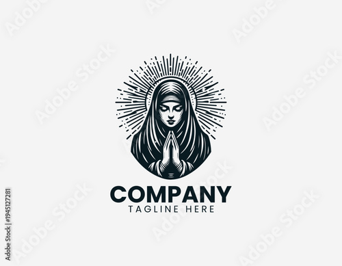 Praying veiled woman with radiant halo in expressive modern black vector illustration style
