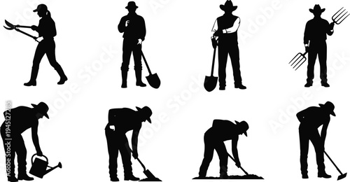 Silhouettes of farmers and gardeners using tools, pruning, shoveling, watering, raking, planting, hoeing, agricultural work, vector illustration, black icons