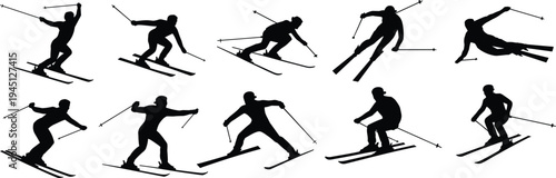 Silhouettes of skiers in dynamic poses on white background Keywords: skier, skiing, snow, winter, sport, action, dynamic, pose