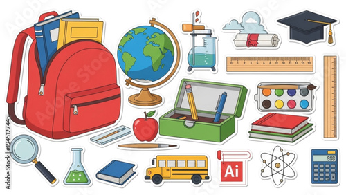 Students prepare for school with various educational tools and supplies on a table indoors