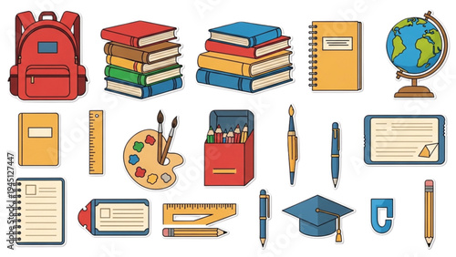 School supplies and stationery items are neatly arranged on a table indoors.