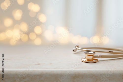 Stethoscope with golden chest piece placed on a marble countertop, blurred warm bokeh lights in the background creating a soft, inviting atmosphere for healthcare imagery