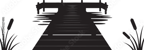 Black silhouette of a dock with cattails on white background