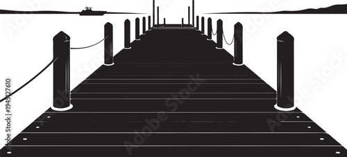 Black silhouette of a dock with posts and ropes on a white background