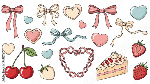 A delightful assortment of pastel hearts, bows, cherries, and desserts.