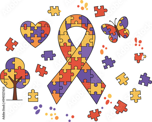 Autism awareness ribbon made of puzzle pieces with heart and tree