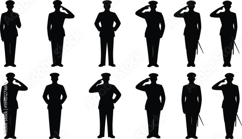 Twelve black silhouettes of men in military uniform saluting on white background salute