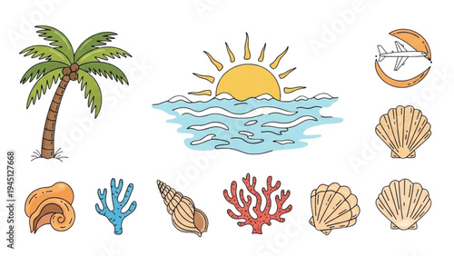 Tropical beach scene with palm tree, sunny ocean, and various seashells.
