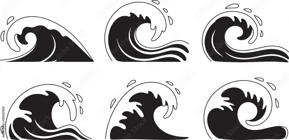 Fototapeta premium Six black and white wave with splashes waves ocean