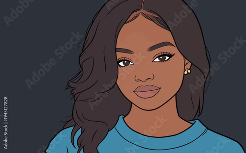 A young woman stands with long hair styled down. She wears a blue shirt and looks directly at the viewer. The background is dark.