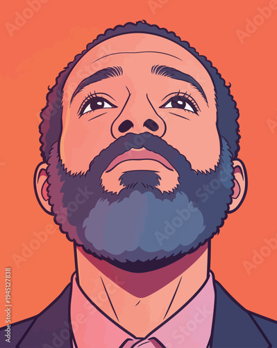 A man stands with his head tilted up, wearing a suit. He has a beard and the background is orange. The artwork is digital.