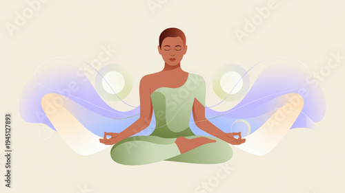 Woman meditates in lotus position with glowing aura and peaceful expression in a serene environment for relaxation and mindfulness practices