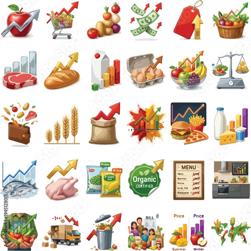 30 Food Inflation Vectors - Rising Grocery Prices & Shopping Cost Pack, food inflation, grocery prices, rising food cost, vegetable graph, fruit chart, shopping cart vector, grocery bill, price hike 