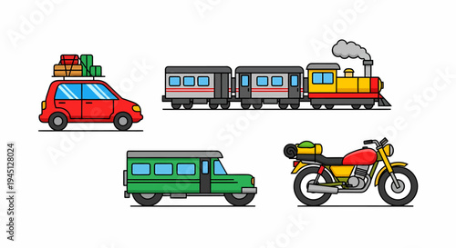 Collection of diverse vehicles including a car, van, motorcycle, and train for transportation and travel concepts