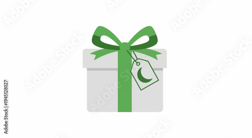 Elegant holiday gift box vector illustration featuring a festive green ribbon and a decorative crescent moon tag, ideal for celebrations and special occasions