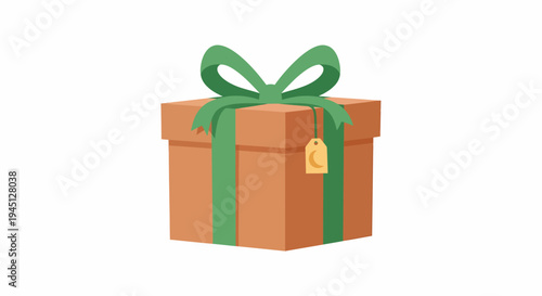 A wrapped gift box with a green ribbon and bow, complete with a tag ready for personalization, presented against a plain background