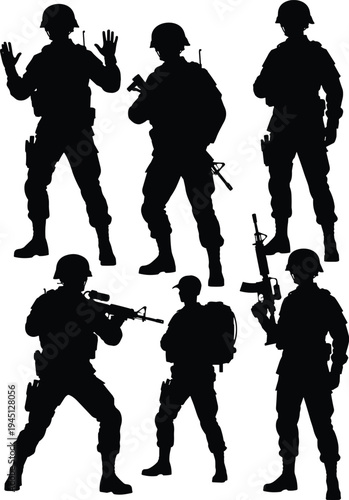 Soldier silhouette illustration, military gear, tactical vests, rifles, combat readiness, defense, army personnel, warfare training, security forces, vector art design