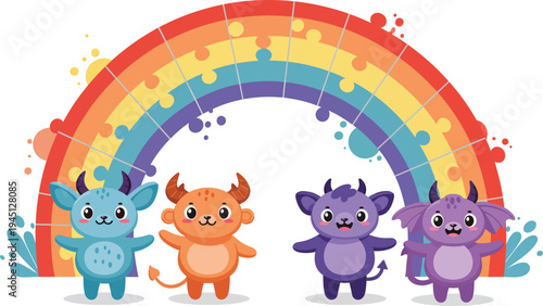 Colorful cartoon monsters standing in front of a vibrant rainbow bridge together