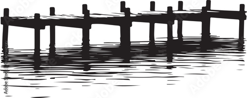 Black silhouette of a pier over water white background