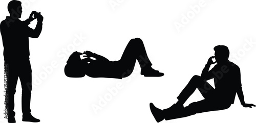 Silhouettes of people in varied postures, standing, sitting, lying, phone gesture, thoughtful pose, human figures, vector illustration, black icons