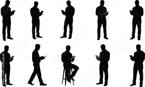 Silhouettes of people reading books and tablets, standing and seated postures, diverse gestures, educational theme, vector illustration, black icons