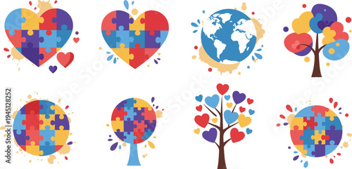 Colorful heart and tree illustrations with abstract watercolor designs on white background