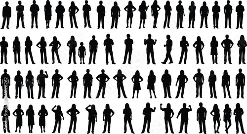 Silhouettes of people standing in diverse poses, body language variations, arms crossed, hands on hips, gesturing, vector illustration, black icons