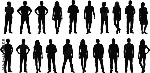 Silhouettes of people standing in diverse postures, body language variations, arm positions, leg stances, human figures, vector illustration, black icons