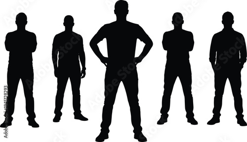 Silhouettes of people standing in row showing posture, confidence, individuality, teamwork, group dynamics, casual lifestyle, vector illustration for design themes