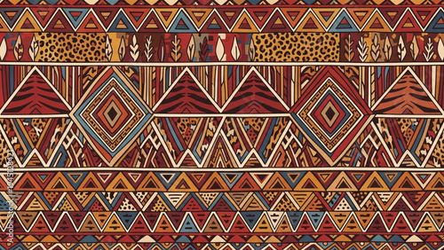 Vibrant geometric pattern with triangles and abstract shapes in red, blue, and orange hues.