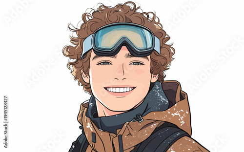 A young man shows excitement while wearing ski gear. He is in a snowy location enjoying winter sports.