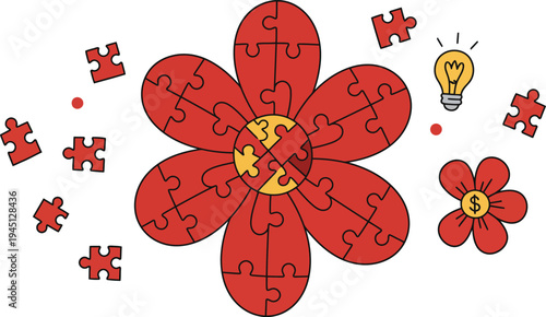 Red flower puzzle pieces coming together with light bulb idea