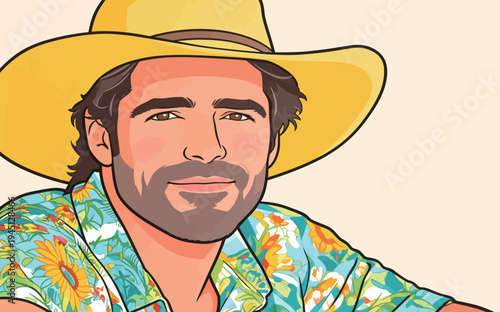 A man sits with a relaxed expression, wearing a yellow hat and a floral shirt. The background is simple and light.