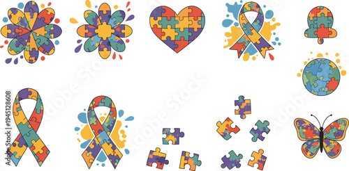 Collection of colorful puzzle pieces forming various shapes on white background