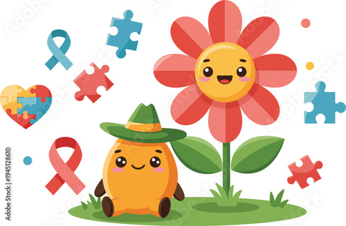Smiling cartoon orange character with green hat standing next to a happy pink flower with puzzle pieces and ribbon