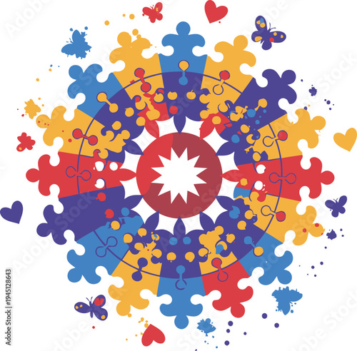 Colorful puzzle pieces forming a circular pattern with red center on white background