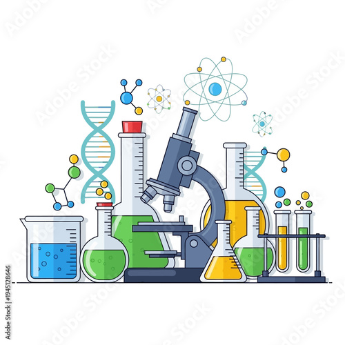 Science Laboratory Equipment and Molecular Models with DNA Helix