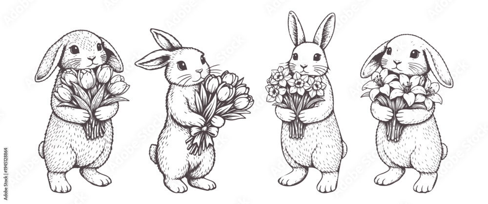 Obraz premium Set of cute rabbits holding a bouquet vector doodle sketch