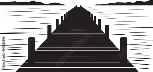 Black silhouette of a wooden pier extending into a body of water