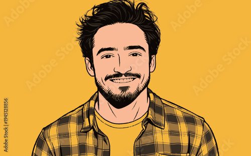 A young man stands and smiles at the camera in front of a yellow background. He wears a plaid shirt over a t-shirt.