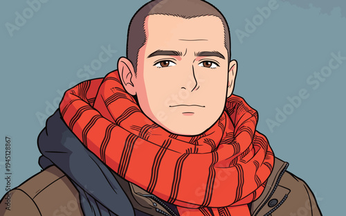 A young man stands wearing a red scarf and a casual jacket. He has a neutral expression and appears confident.