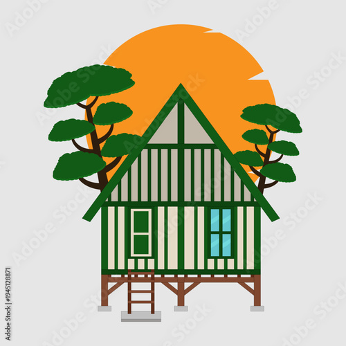 Traditional wooden stilt house illustration in flat design style, isolated on white.