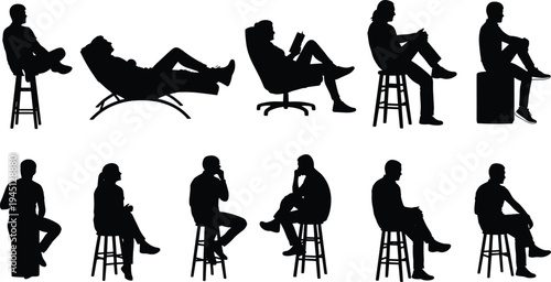 Collection of seated people silhouettes reading thinking relaxing on chairs stools and lounge chair human poses vector illustration set