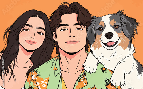 Two people smile together with a dog against a bright orange background. They wear casual summer clothes and enjoy the moment.