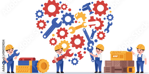 Workers with tools and gears in a collaborative industrial or manufacturing setting with a heart shape