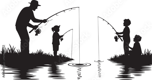 Black silhouette of family fishing together on riverbank