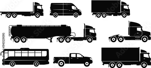Commercial Transport Vehicle Silhouette Set Including Delivery Van Cargo Truck Oil Tanker Passenger Bus Pickup Truck and Heavy Logistics Trailer Icons.